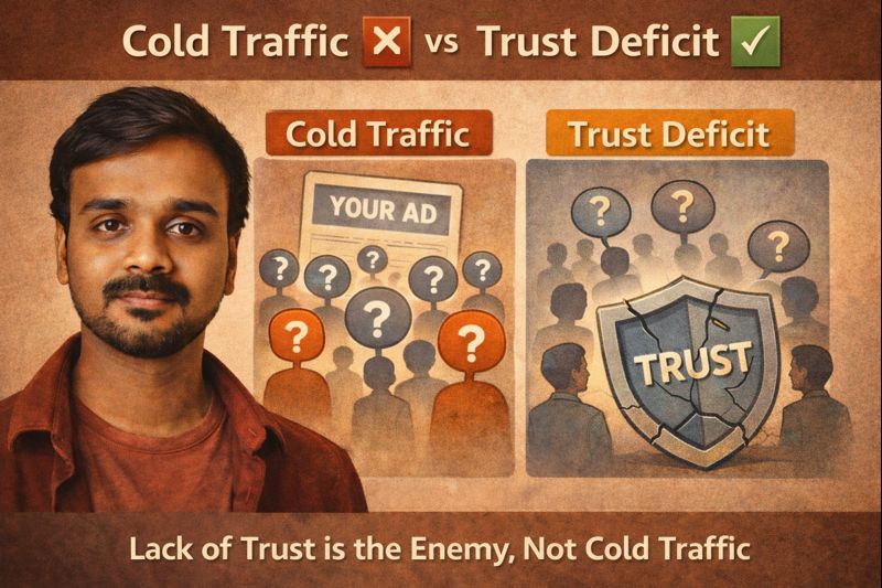 Illustration of a marketer showing ads to a cold audience while a cracked shield labeled trust stands between the brand and users
